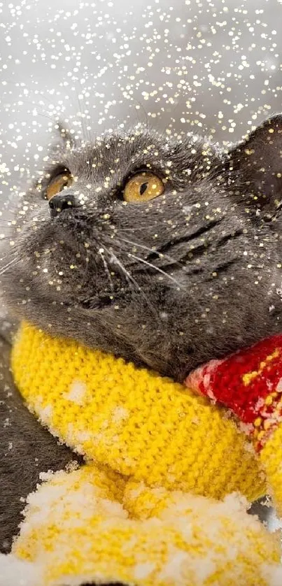 Gray cat wearing yellow scarf in snow.