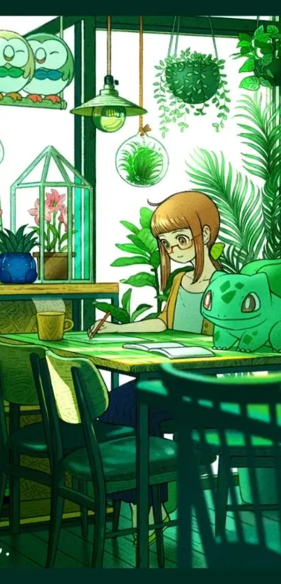 Anime girl reading in cozy green room with plants.