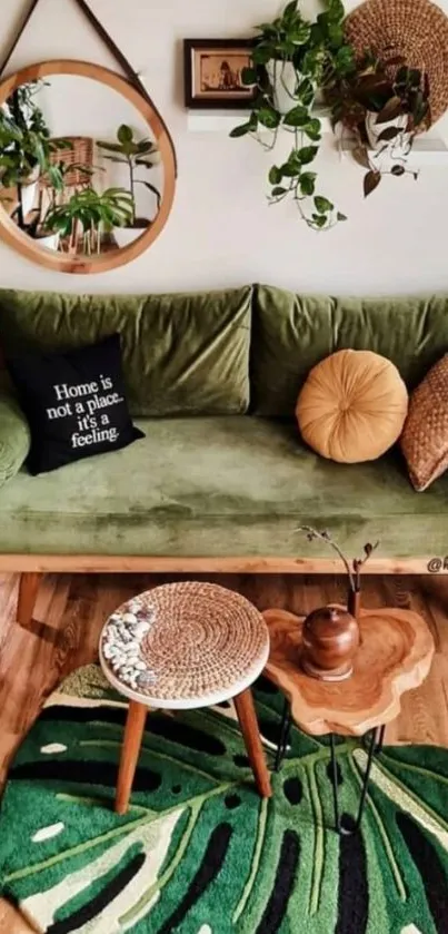 Cozy green living room with stylish decor and wooden furniture.