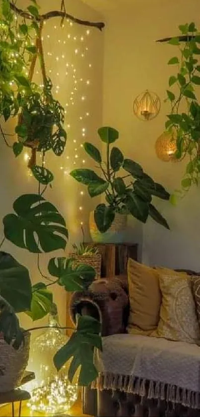 Cozy room with plants and warm lights, perfect mobile wallpaper.