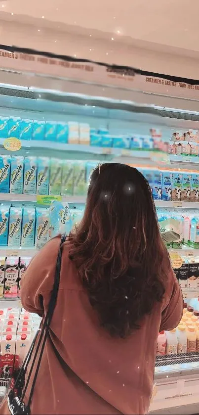 Person browsing dairy section in a cozy store setting.