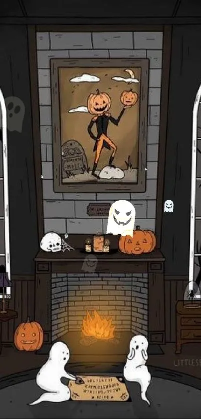 Cozy Halloween ghost room with pumpkins and fireplace.