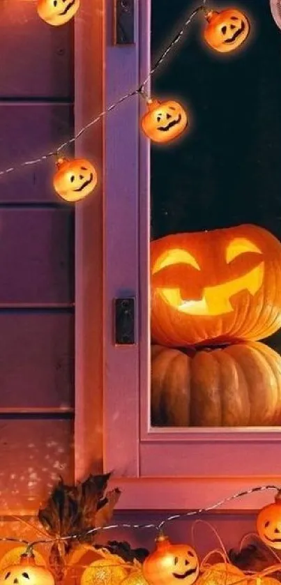 Halloween window with glowing pumpkin lights and candles.