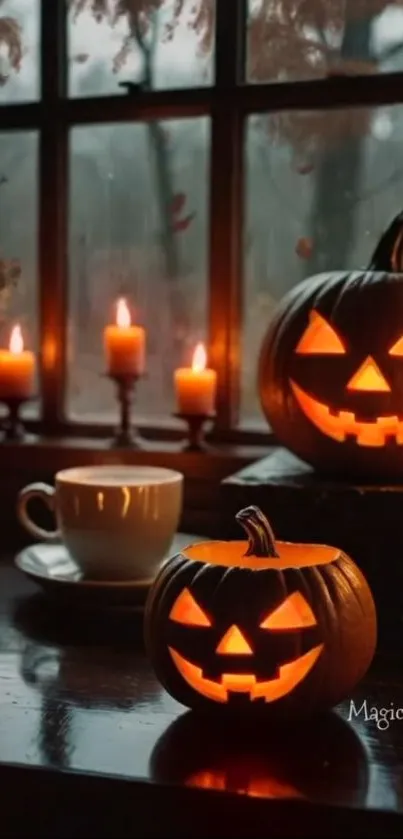 Halloween pumpkins and candles by a window create a cozy, festive ambiance.