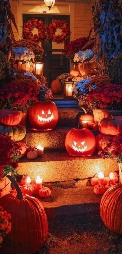 Cozy Halloween scene with pumpkins and lanterns on outdoor steps.