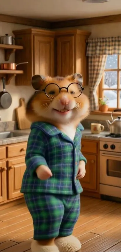 Hamster wearing glasses in cozy kitchen.