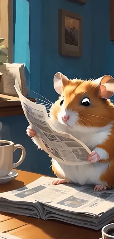 Hamster reading a newspaper with coffee.