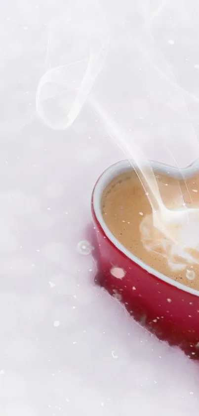 Heart-shaped red mug with steaming coffee on white background.