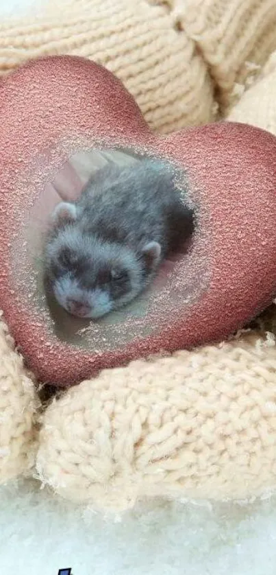 Cozy heart-shaped ferret wallpaper with knitted gloves.