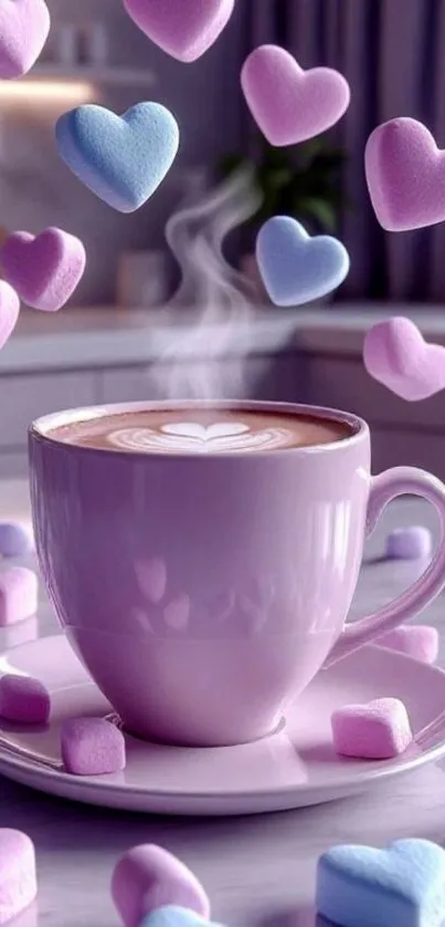 Lavender cup of steaming latte with heart-shaped marshmallows.