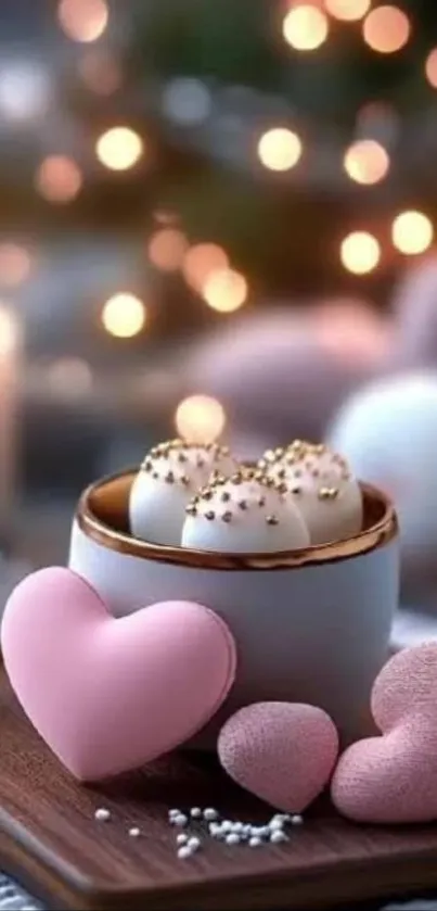 Heart-shaped treats with cozy mug and bokeh lights.