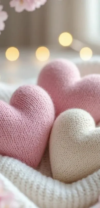 Three heart-shaped knitted cushions in pink and cream hues.