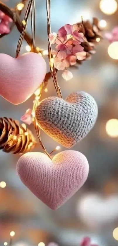 Romantic hanging hearts with cozy lights