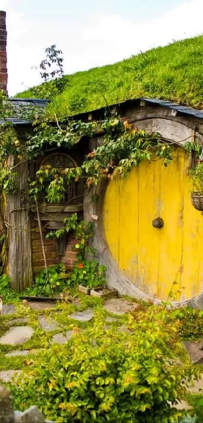 Charming hobbit home with green roof and round yellow door.