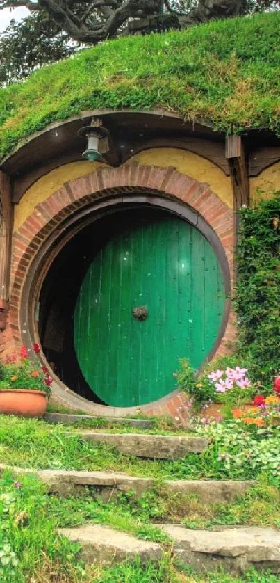 Hobbit house with lush greenery and colorful garden.