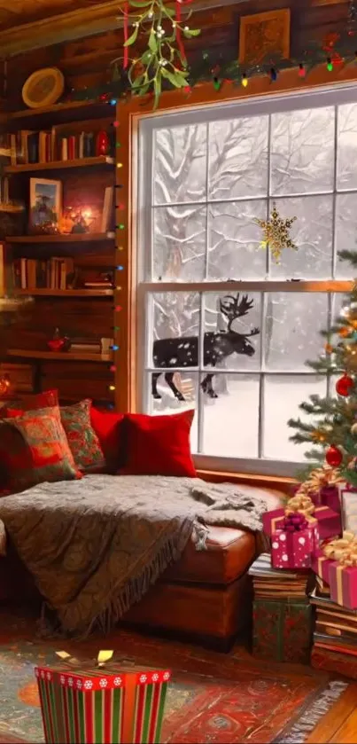 Cozy cabin with Christmas decor and snowy view.