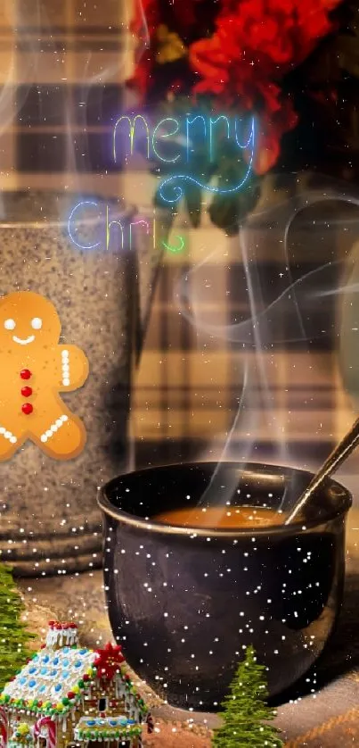 Cozy holiday coffee scene with cups, gingerbread, and festive decor.