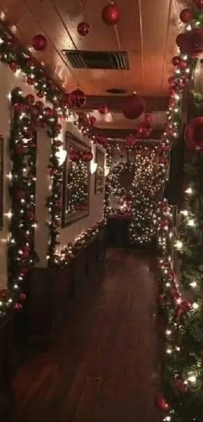 Hallway with festive red and green holiday decorations.