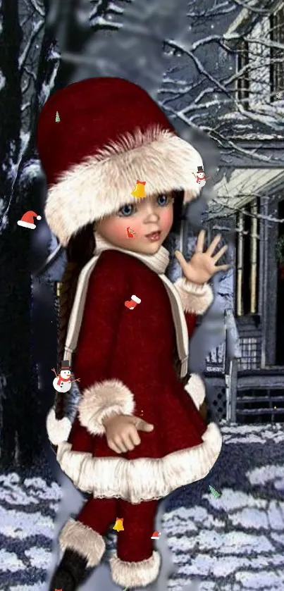 Adorable doll in red holiday outfit with snowy background.