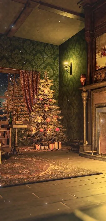 Warm and cozy holiday room with fireplace and Christmas tree.