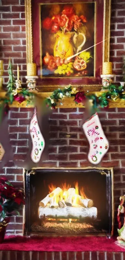 Cozy fireplace with festive stockings and holiday decor.