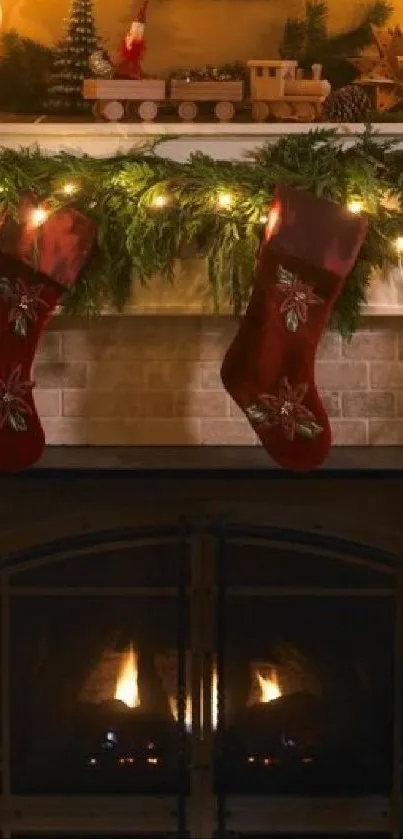 Cozy holiday fireplace with stockings and decorations at night.