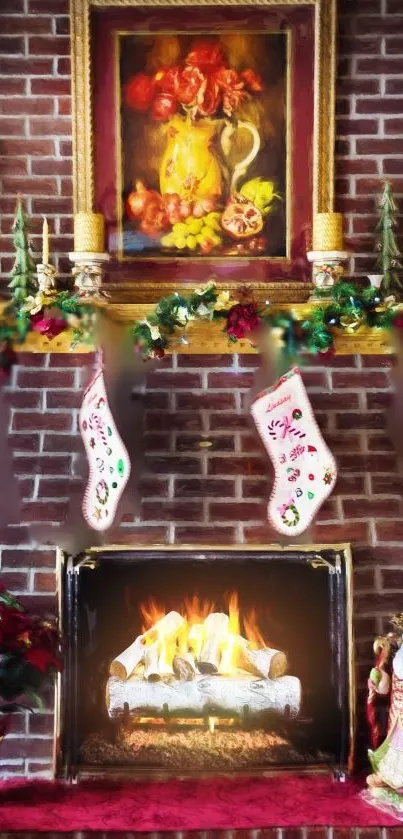 Festive Christmas fireplace with stockings and decorations.