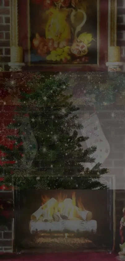 Cozy Christmas fireplace with tree and stockings.