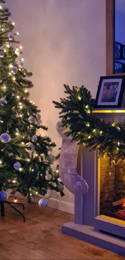 Christmas tree and cozy fireplace in a festive living room scene.