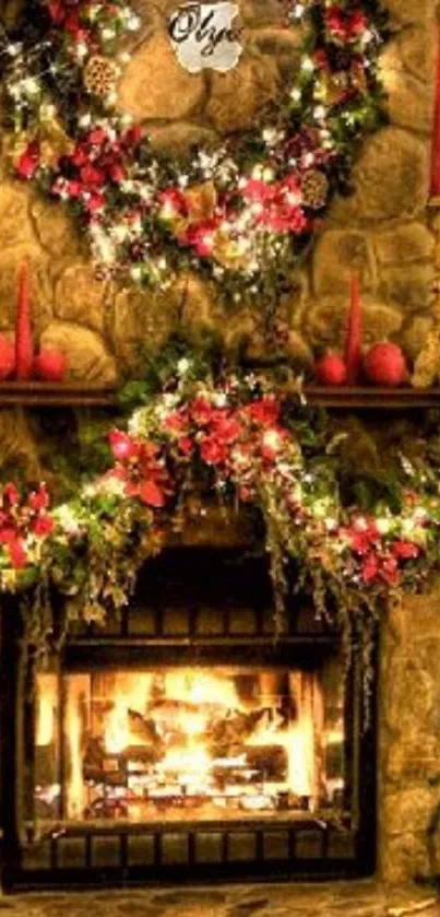 Cozy holiday fireplace with festive garlands and glowing lights.