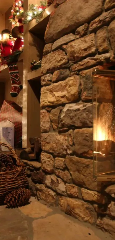 Rustic fireplace with holiday decor and warm fire.