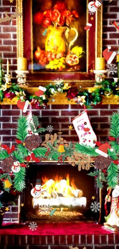 Cozy holiday fireplace with festive decor, stockings, and a warm fire.