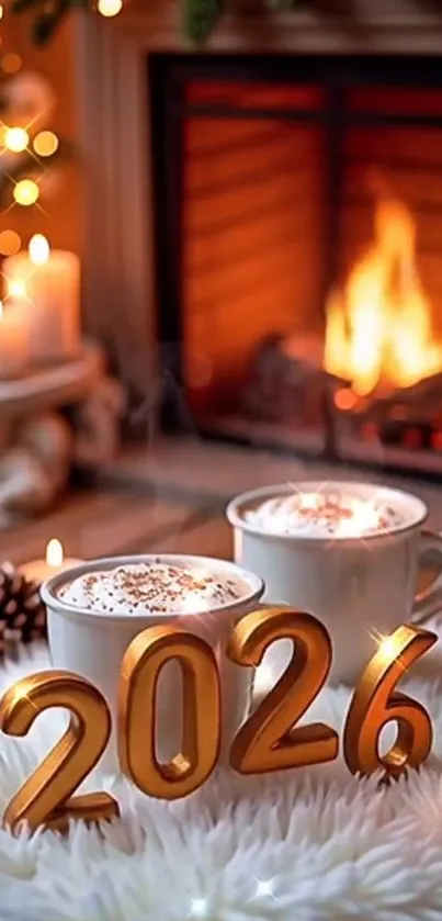 Cozy holiday scene with fireplace and 2026 decor