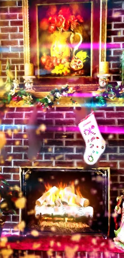 Cozy holiday fireplace with festive stockings and glowing fire.