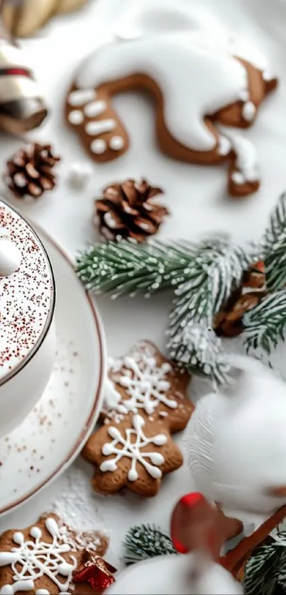 Festive gingerbread cookies with hot chocolate and winter decor.