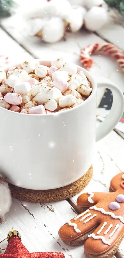 Festive hot chocolate with marshmallows and gingerbread on a white rustic table.