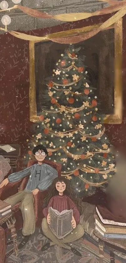 Cozy holiday library with Christmas tree.