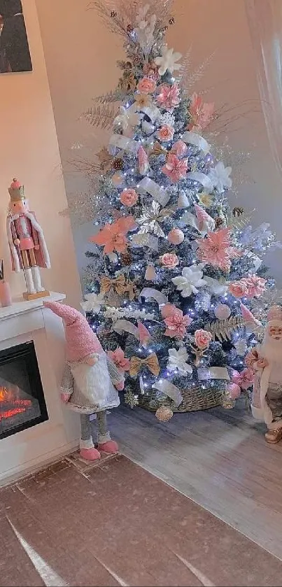 Festive living room with Christmas tree and fireplace decor.