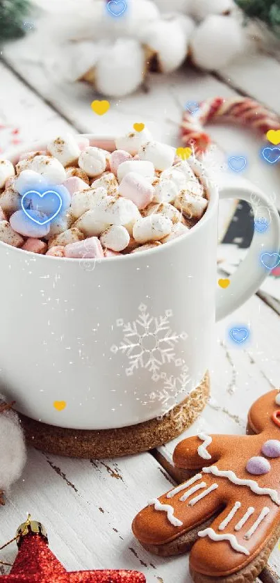 Festive mug of marshmallows and gingerbread on a white table.