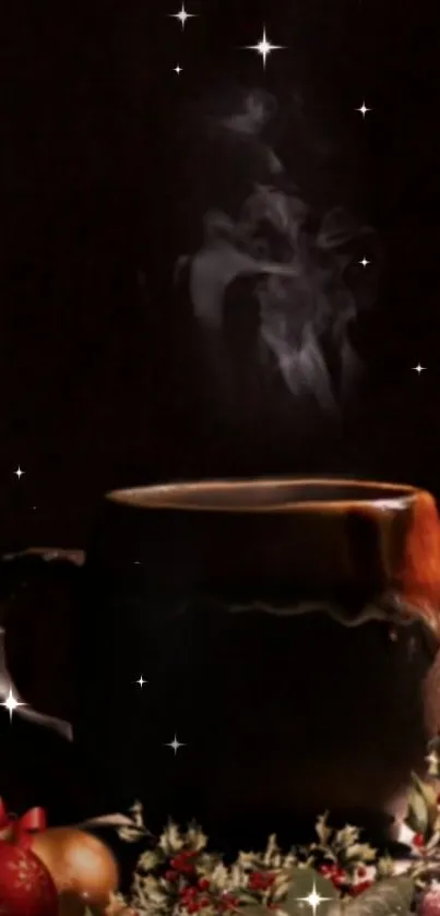 Brown mug with steam and holiday decor on dark background.