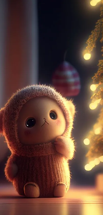 Cozy plush character by Christmas lights.