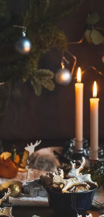 Cozy holiday scene with candles and cookies.