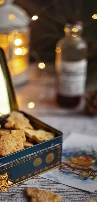 Warm holiday scene with cookies and twinkling lights.