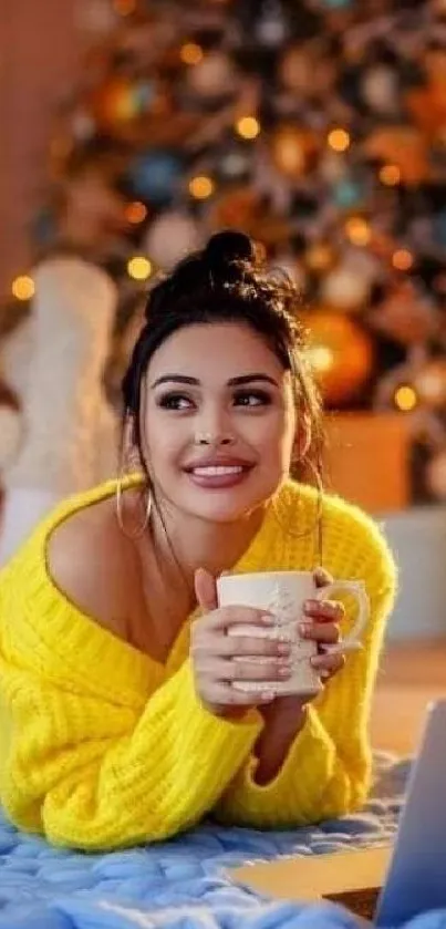 Woman in yellow sweater enjoying a cozy holiday setting with festive background.