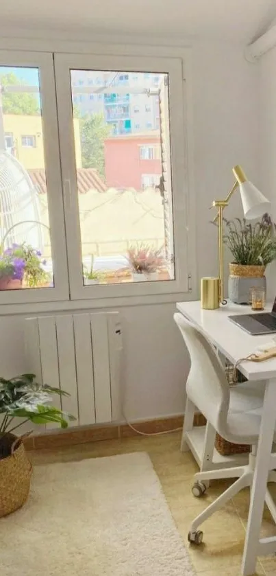 Cozy home office with plants and natural light.