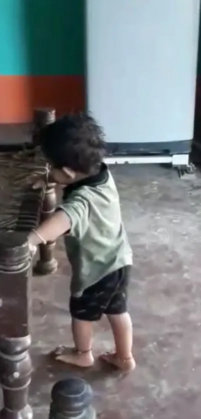 Child exploring a rustic home room with warm tones.