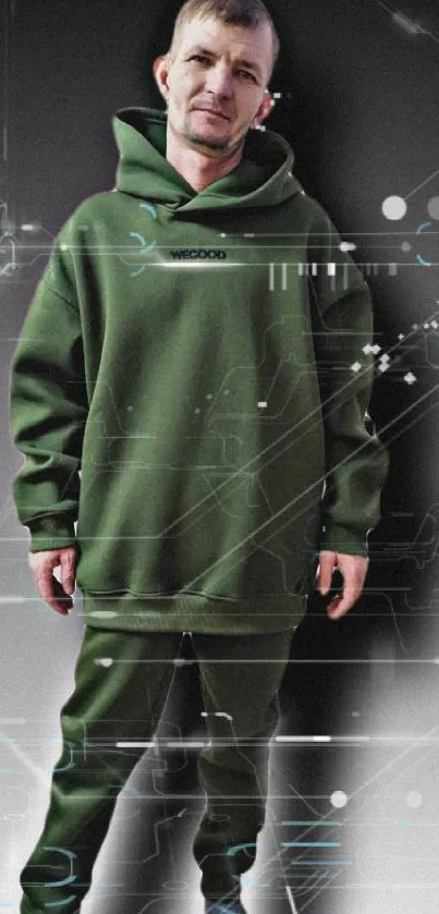 Person in a green hoodie against a gradient background.