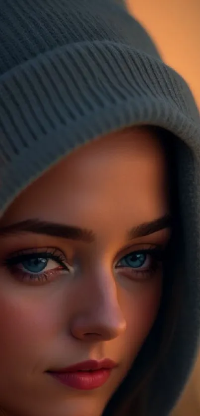 Portrait of a woman in a cozy hoodie with warm lighting.