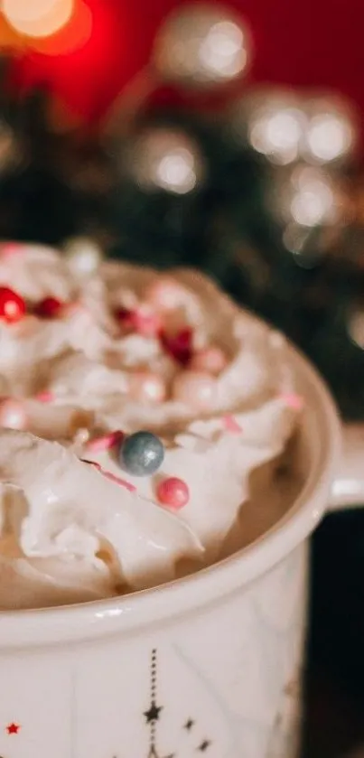 Creamy hot chocolate with colorful sprinkles in a festive mug.