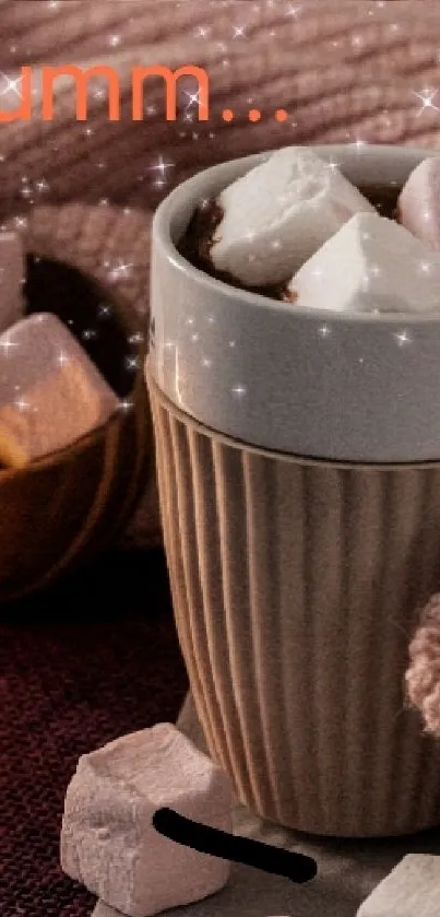Cozy wallpaper with hot chocolate and treats.
